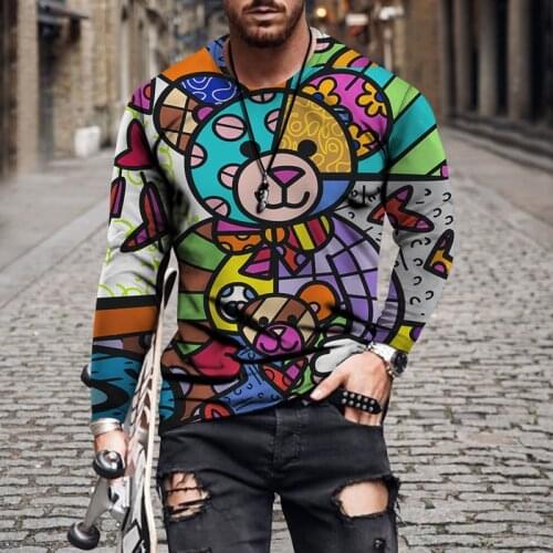 2020 new t-shirt mens spring and autumn t-shirt tops mens long-sleeved geometric printing t-shirt casual slim mens t-shirt