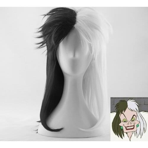 Cruella de Vil Costume Wig Black White Ms. Spot Synthetic Hair Deville Dalmations Cosplay Wig +Wig Cap