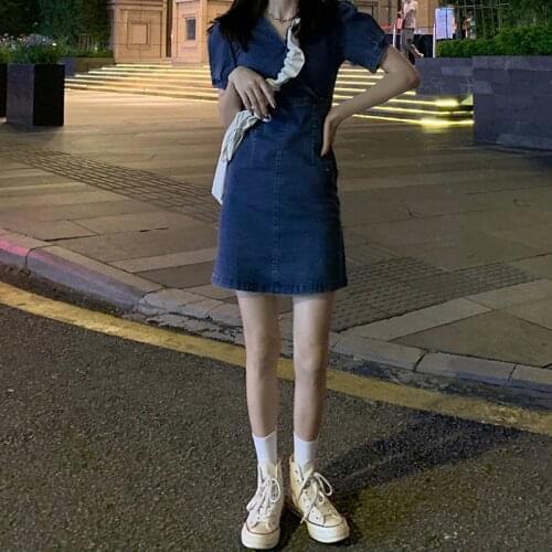 GOOHOJIO 2020 New Vintage Short Sleeve Denim Dress for Women Chic Casual Slim Dresses Solid Color Autumn Fashion Denim Dresses