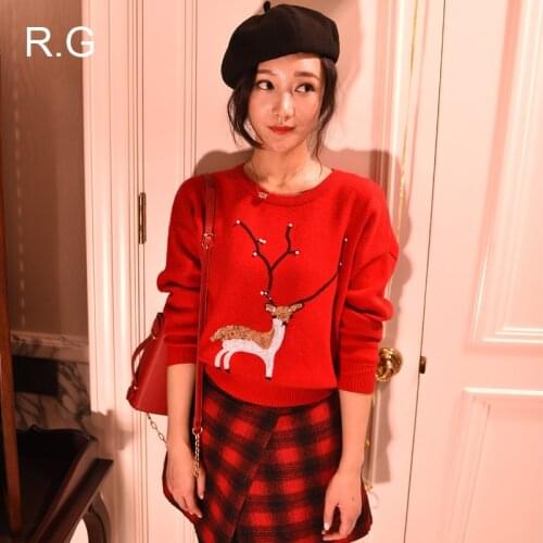 RG Woman Sweater Pullovers Long Sleeve Beige Gray Red Color Women Pullovers Sweaters with Deer pull femme hiver 2018