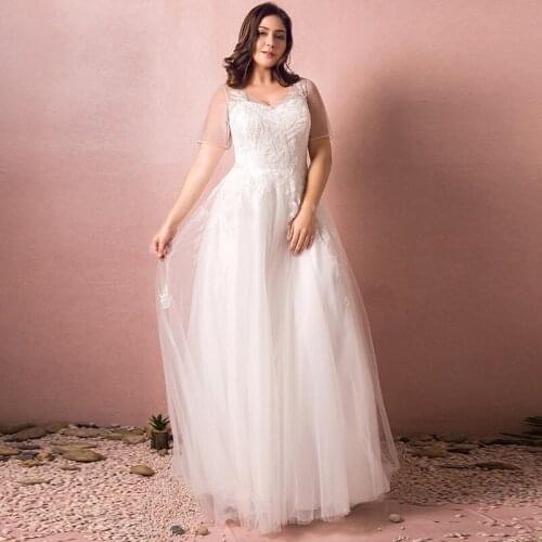 Evening Dress New Embroidery Deep V-Neck Lace Short Sleeves Floor-Length A-Line Elegant White Plus Size Women Formal Gowns D1067