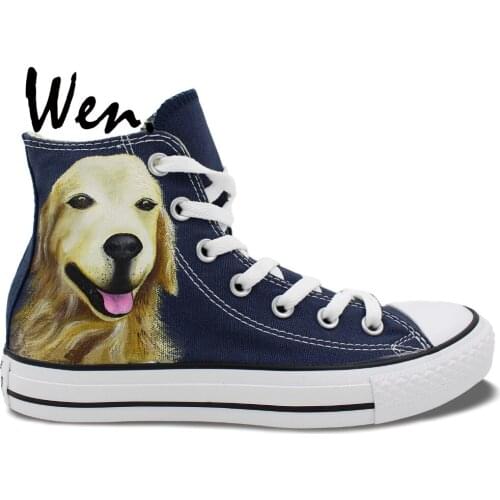 Wen Blue Hand Painted Shoes Design Custom Large Golden Retriever Pet Dog High Top Men Womens Canvas Sneakers