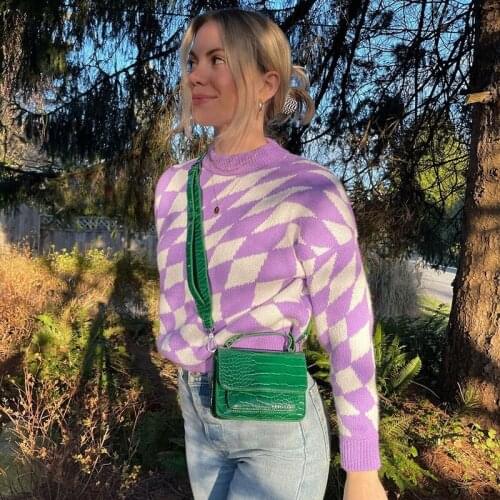 Vintage Fashion Argyle Plaid Knitted Autumn Sweater Y2K Korean Pullovers Aesthetic Womens Sweaters Tops Loose Jumper