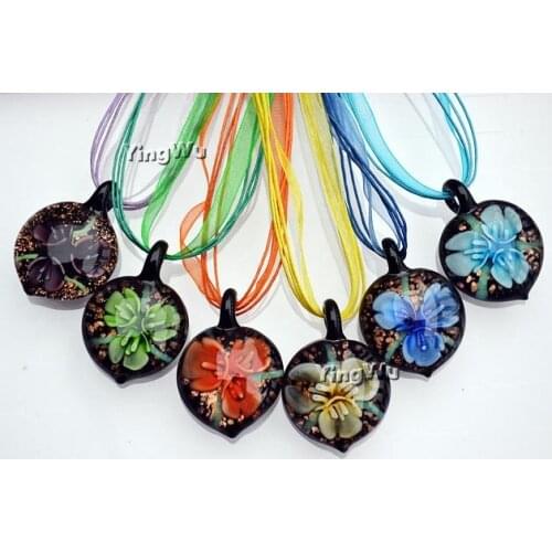 Yingwu Wholesale 6pcs Lot GOLD DUST Murano Lampwork Glass Pendant Necklace Jewelry Murano Glass pendant With Ribbons MIX colors