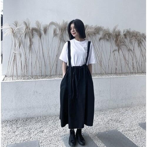 Large black high waist skirt with strap for womens 2021 spring summer trend retro loose versatile pocket medium length skirt