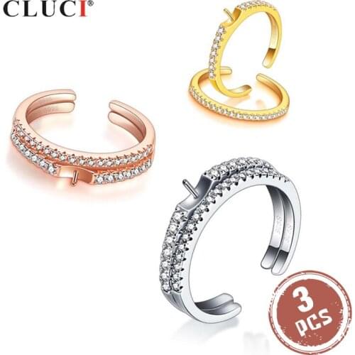 CLUCI 3pcs 925 Sterling Silver Double Women Zircon Ring Set Adjustable Pearl Ring Mounting Silver 925 Open Bridal Rings SR2232SB