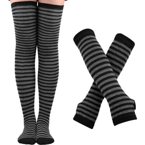 Woman Socks Overknee Socks Vintage Skateboard Sock Striped Socks Gloves Set Christmas Halloween Cosplay Socks