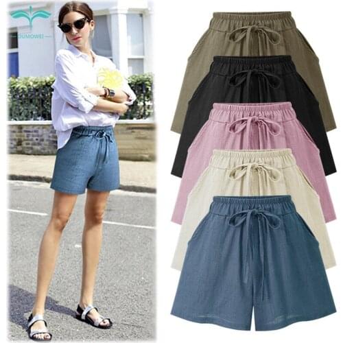 OUMOWEI Womens Shorts Pleated Waist Solid Color Shorts Elasticated Waist Street Wide Leg Shorts M To 6XL Size