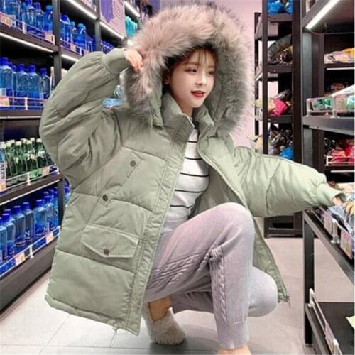 2021 Winter New Plus Size Women Clothing Loose Bread Style Fur Collar Hooded Thick Warm Cotton Clothing Coat Trend H054