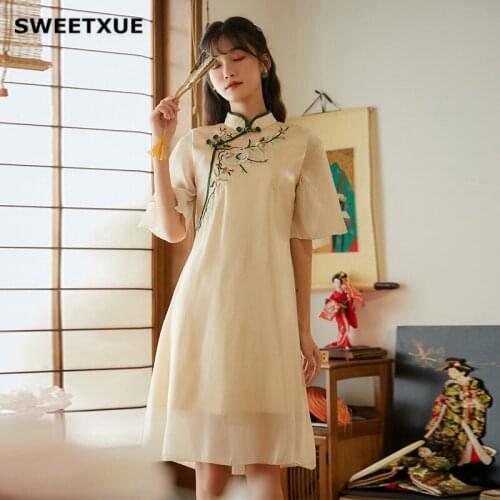 SWEETXUE Womens 2021 Spring/Summer Chinese Style Retro Dress Organza Modern Fairy Elegant Party Dress Female