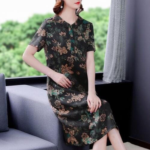 2021 Women Vintage Black Floral Mulberry Silk Midi Dress Summer Casual 4XL Plus Size Print Dress Elegant Bodycon Party Vestidos