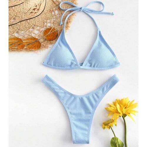 2Pcs/Set Skin-friendly Beach Swimsuit Solid Color Lace Up Polyester High Waist Two Piece Women Underwear Easy to Wash for Summer