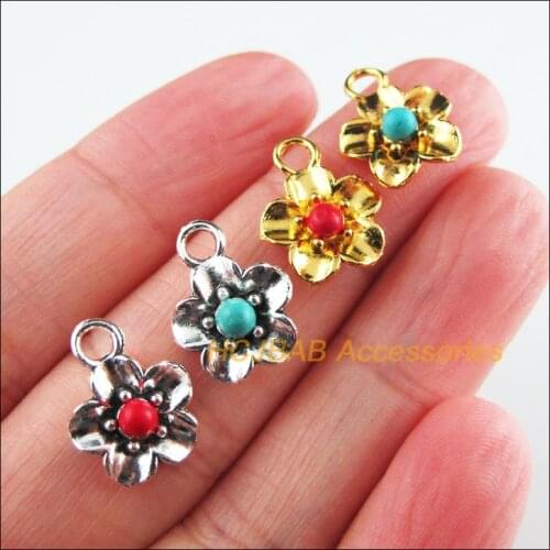 25 New Flower Charms Tibetan Silver Tone & Gold Color Red & Blue Stone Star Pendants 11x15mm