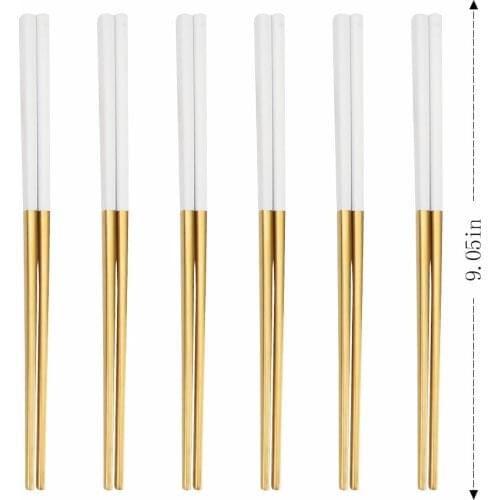 6 Pairs Matte White Gold Japanese Korean Style Chinese Chopsticks Sushi Sticks Noodles Food Tableware Reusable Metal Chopsticks