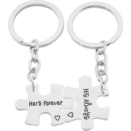 2 PCS/Set Trendy Couple Keychain Stitching Pendant Key Chain Jewelry Lettered Her Forever His Always Heart Lovers Gift 2021