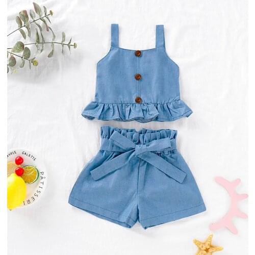 TELOTUNY Childrens clothing Toddler Baby Kid Girls Jeans Ruffle Suspender Vest Tops Solid Bow Shorts Outfits Set Clothes Jun20
