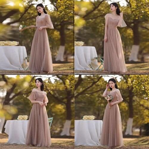 Bridesmaids Dresses Illusion Short V-Neck Spaghetti Straps Pearls Lace Tulle Floor-Length Vintage Women Wedding Party Gown E620