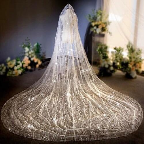 Bling Bling Sequins Bridal Veils Cathedral Luxury Retro Royal Train Shiny Lace 3.8M Wedding Veil With Comb Accessories New