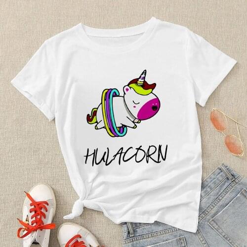 Unicorn hula hoop Graphic Womens Cute Creative Cartoon Printed Tshirt Soothing Summer Casual Harajuku Fashion T-Shirt Female