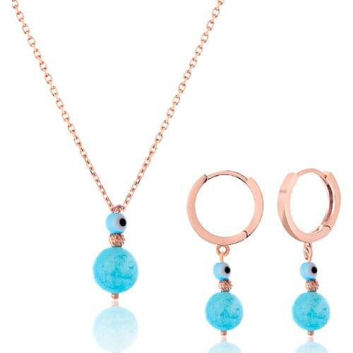 High Quality Aqumarine 925 Sterling Silver Jewelry Rose Gold Plated Necklace and Earrings Jewelry Sets