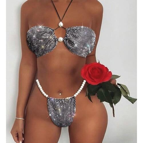 VS&LLWQ Swimsuit Women Summer Adjustable Frenulum Sexy Halter Grain Hot Drilling Triangle Bikinis Set 2021