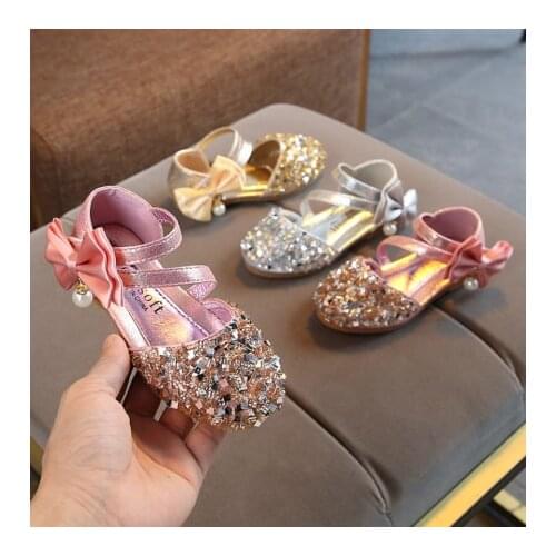 Summer Children Casual Shoes Leather Bowtie Kids Princess Flat Heel Party Shoes Fashion Sequins Bow Sandals For Girls