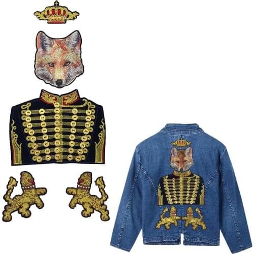 1Set Hot Fashion Embroidery Royal Crown Foxes Dog Beaded Buttons Patches Applique Badges Sew on DIY Jacket Jeans Garment Craft