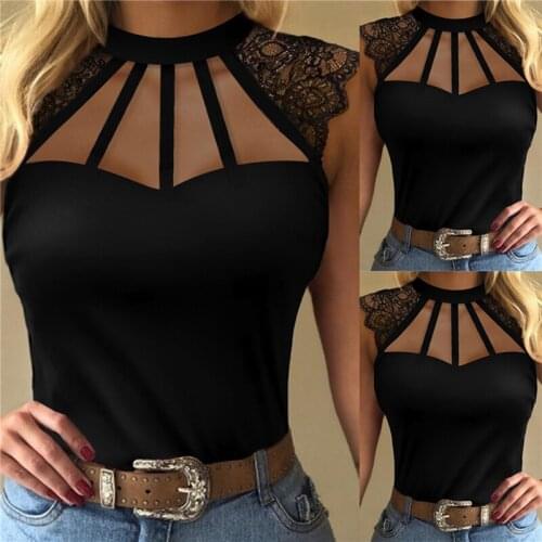 Black Lace Stitching Hollow Out Vest Solid Color Round Neck Sumemr Women Tops Sexy Sleeveless Slim T-shirt Tank Tops