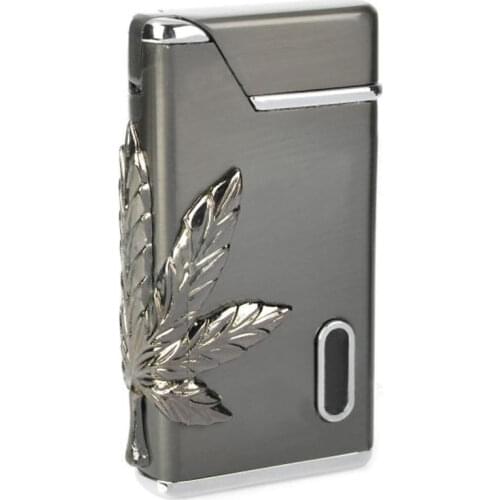 Metal Windproof Electroplating Clover Leaf Flash Green LED Light Flame Refillable Butane Gas Jet Torch Cigarette Lighter