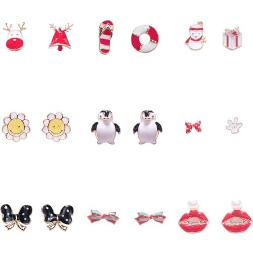 Cute Tiny Christmas Bowknot Flowers Drop glaze Stud Earrings for Women Simple Penguin Enamel Earrings Girl Holiday Gifts Jewelry