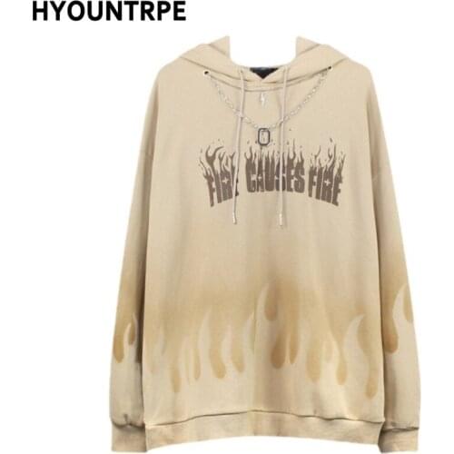 Hip Hop Hooded Pullovers Men Loose Casual Harajuku Graffiti Fire Printed Streetwear Hoodies with Chain Sweatshirts Tops Hoodies