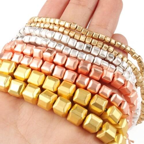 Natural Matte Gold/Silver Plated Hematite Stone Square cube Loose Spacer Beads for Jewelry Making DIY Beaded Bracelet 15