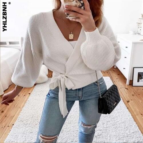 YHLZBNH Autumn Woman Sweaters Cardigan Coat 2020 Casual V-Neck Lace-up Knit Sweater Mujer Suteres Kobieta Swetry Femme
