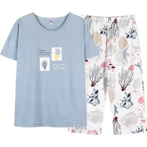 Short Sleeve Pajama Spring Summer O-neck 100% Cotton Pajamas Womens Casual Tracksuit Sweet Cute Print Shirt Home Service M-4XL