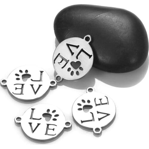 10pcs/lot Stainless Steel Round Animal Paw Charms Love Bracelet Charms Pet Paw Jewelry Findings Bangle Connector Accessory