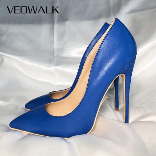 Veowalk Women Solid Blue Matte Stilettos Extremely High Heels OL Ladies Pointed Toe Slip On Pumps Italian Style Dress Shoes