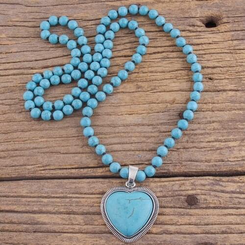 RH Fashion Bohemian Jewelry Accessory 8mm Stones Knotted With Stone Heart Pendant Necklaces For Women Boho Gift