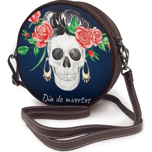 Dia De Muertos Skull With Flowers Round Crossbody Cell Phone Shoulder Bag Messenger Bags Fashion Daily Use For Women Wallet