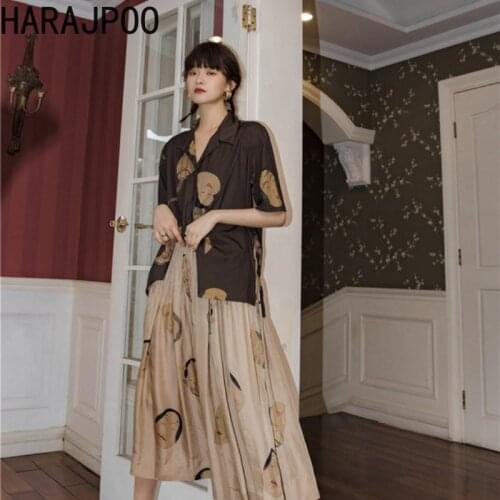 Harajpoo Women Skirts 2021 Harajuku Style New Face Makeup Summer Design Retro Print Korean Copper Rice Tea Mix Long Skirt