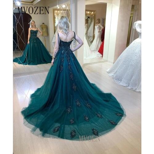 Green Evening Dresses Long Evening Dress Spaghetti Strap Embroidery Beaded Floor Length Evening Dresses Vestido de festa longo