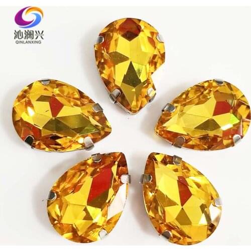 Golden yellow teardrop shape High quality Glass Crystal sew on claw loose rhinestones,Diy Clothing accessories SWS19