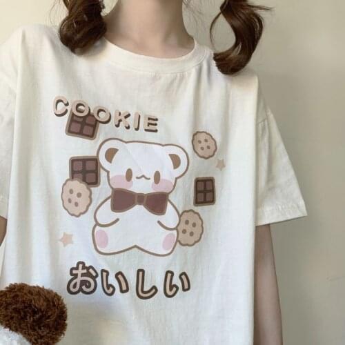 White Hip Hop Women Bear Print T-Shirt Loose Summer Oversize Female Black Tops Funny Japan Harajuku High Street T Shirt Girl