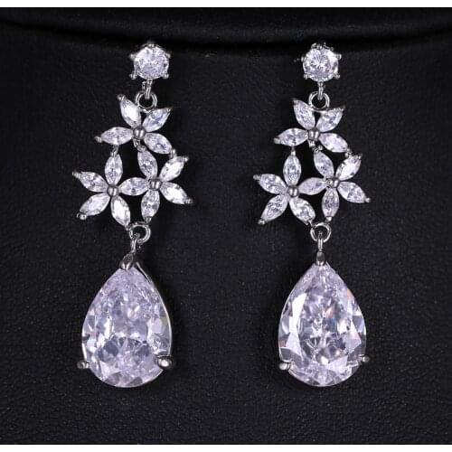 Ekopdee 2021 New Vintage Big Zircon Flower Earrings For Women Trendy Water Drop Crystal Cubic Zirconia Earring Wedding Jewelry