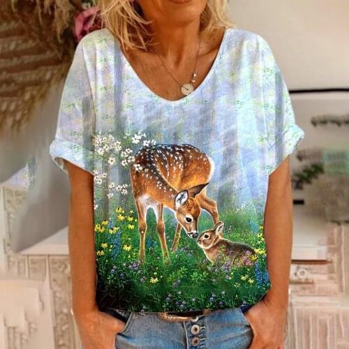 V-neck top new animal positioning color printing womens T-shirt 2021 summer new loose and comfortable womens wear одежда