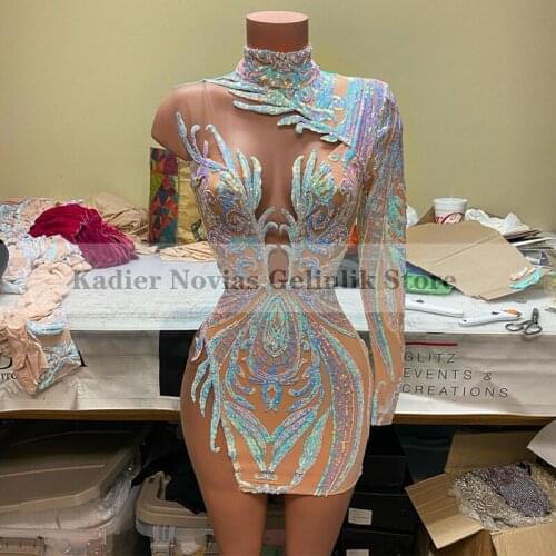 KADIER NOVIAS Women Sexy Glitter Mini Prom Dresses High Neck One Shoulder Sequin Lace Party Club Birthday Gown Vestido De Fiesta