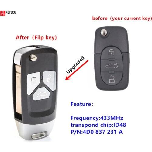 Keyecu Upgraded Flip key Car Remote key Fob 433MHz ID48 for Audi A3 A4 A8 TT RS4 1999 2000 2001 2002 P/N:4D0 837 231 A