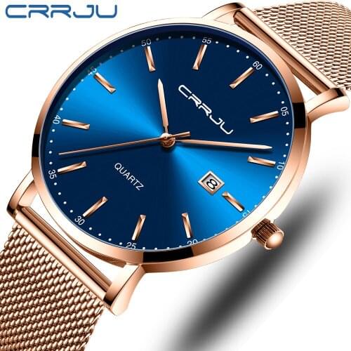 2019 CRRJU Classic Business Rose Mesh Belt Stylish Quartz Watch Men Waterproof Date Relogio Masculino Drop Ship 2161 Blue Dial