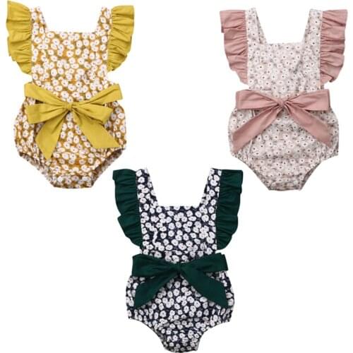 0-24M Infant Baby Girls Floral Bow Romper Jumpsuit Outfits Sunsuit Clothes Baby Clothing