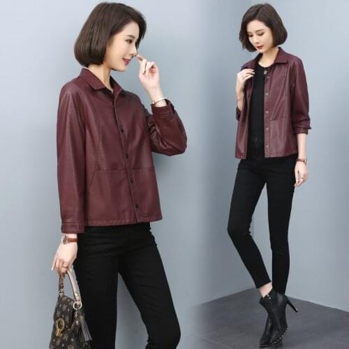 Spring Oversized Short Soft Brown Leather Jacket Women Long Sleeve Korean Fashion Clothing for Womens 2021 Streetwear