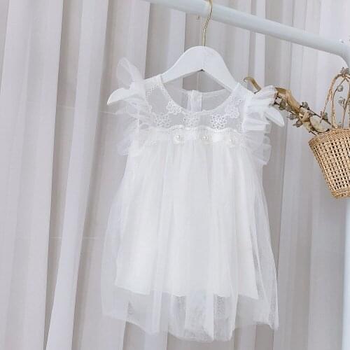 Sweet Summer Outfits Girls Kids Princess Fairy Dress Children Baby Infants Ruffle Sleeve Mesh Beaded Dresses Vestidos S12487
